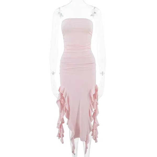 Design Ruffled Hem Strapless Midi Dress White - 35