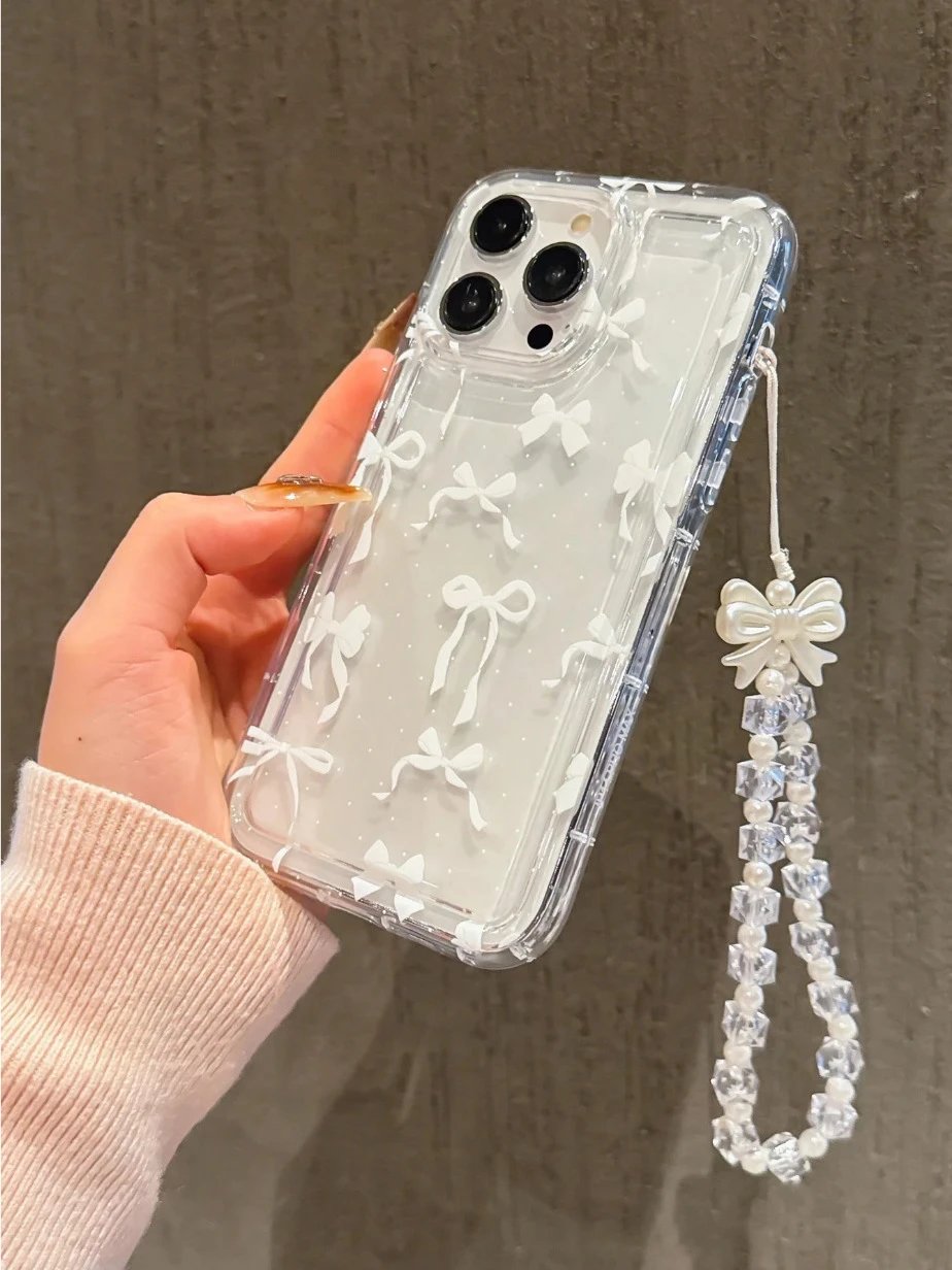Design Clear Bow-Print Phone Case with Pearl Crystal Strap Pink Transparent Phone Case - 4