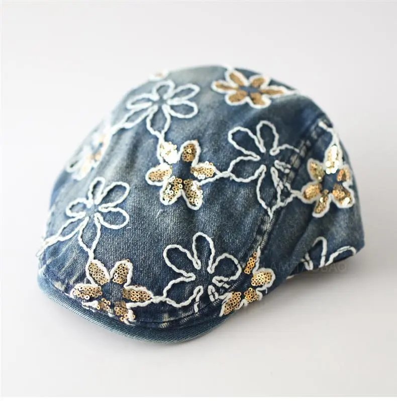Design Floral Embroidered Denim Flat Cap Black Hats - 5