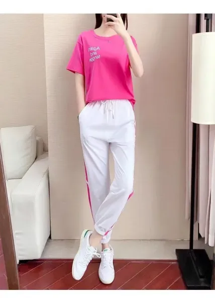 Design Track Pants White with Pink Side Stripe Sweatpants - 12