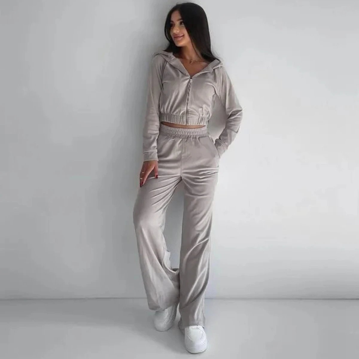Design Velour Cropped Hoodie and Wide-Leg Pants Set Silver Gray - 10