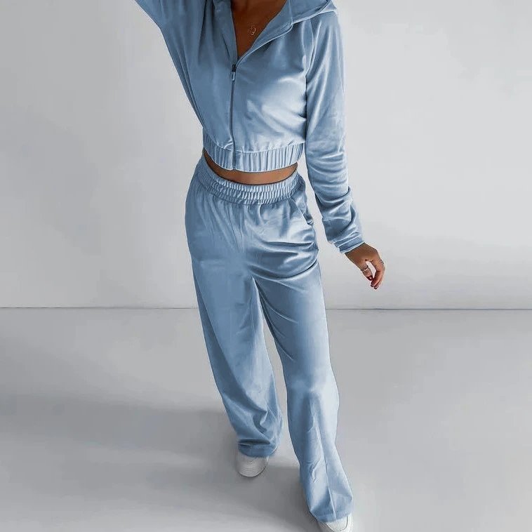 Design Velour Cropped Hoodie and Wide-Leg Pants Set Silver Gray - 16