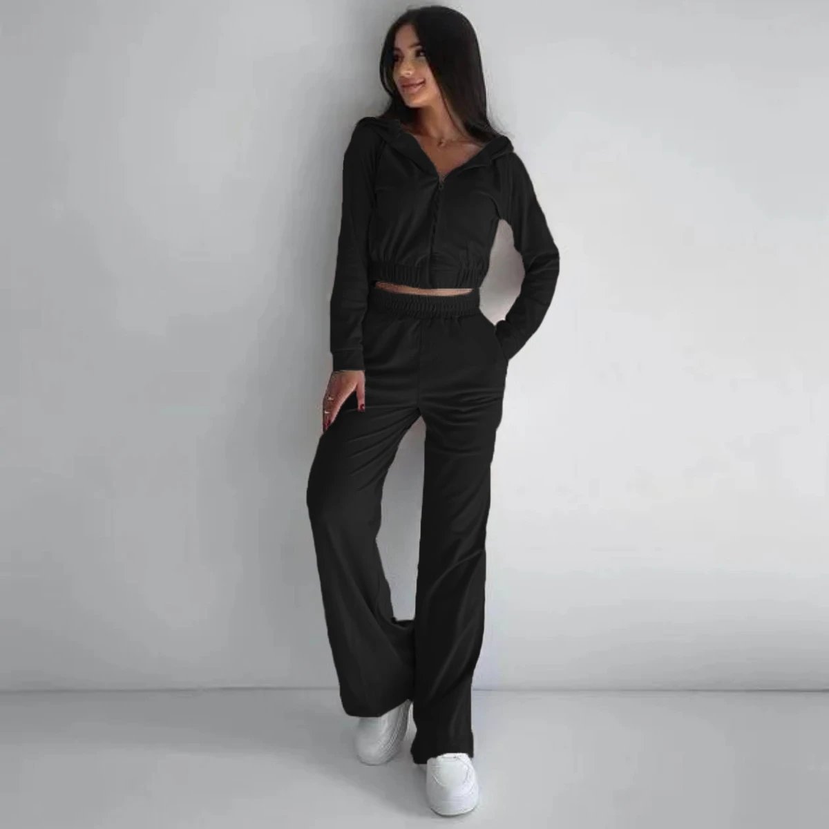 Design Velour Cropped Hoodie and Wide-Leg Pants Set Silver Gray - 17