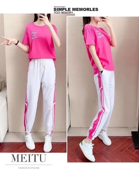 Design Track Pants White with Pink Side Stripe Sweatpants - 15