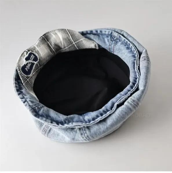 Design Denim Beret with Plaid Lining and Embroidered Logo Hat Hats - 9