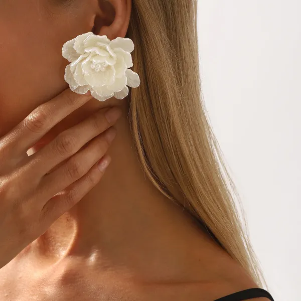 Design Floral Resin Crystal Stud Earrings Orange and Cream Jewelry - 17