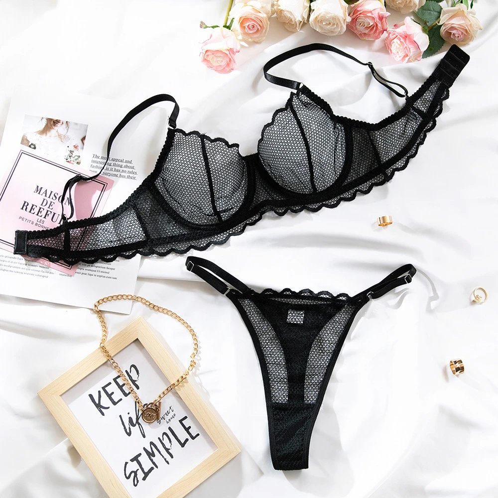 Maison de Reefur Black Mesh Lace Bra and Thong Set Underwear