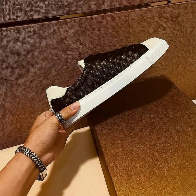 White Woven Leather Black Sole Casual Sneakers