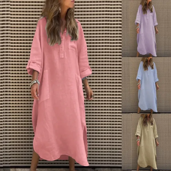 Design Linen Shirt Dress Light Blue Casual-Dress - 7