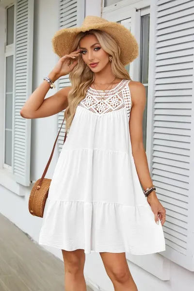 Design Black Lace-Trimmed Tiered Sleeveless Dress - 10