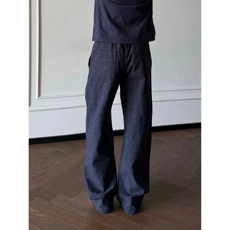 Design Wide-Leg Plaid Pants Navy - 8