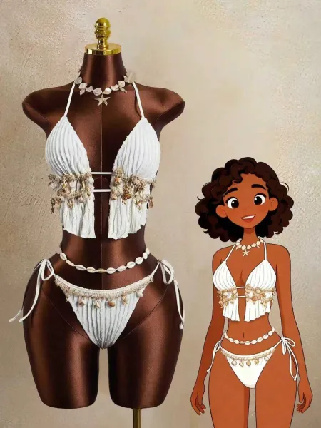 Design Seashell-Embellished Ribbed Pink Halter Bikini Set Swimwear - 3