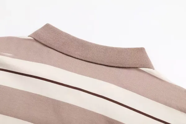 Design Striped Long-Sleeve Polo Shirt Beige and Brown Tops Polo - 5