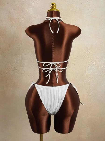 Design Seashell-Embellished Ribbed Pink Halter Bikini Set Swimwear - 4