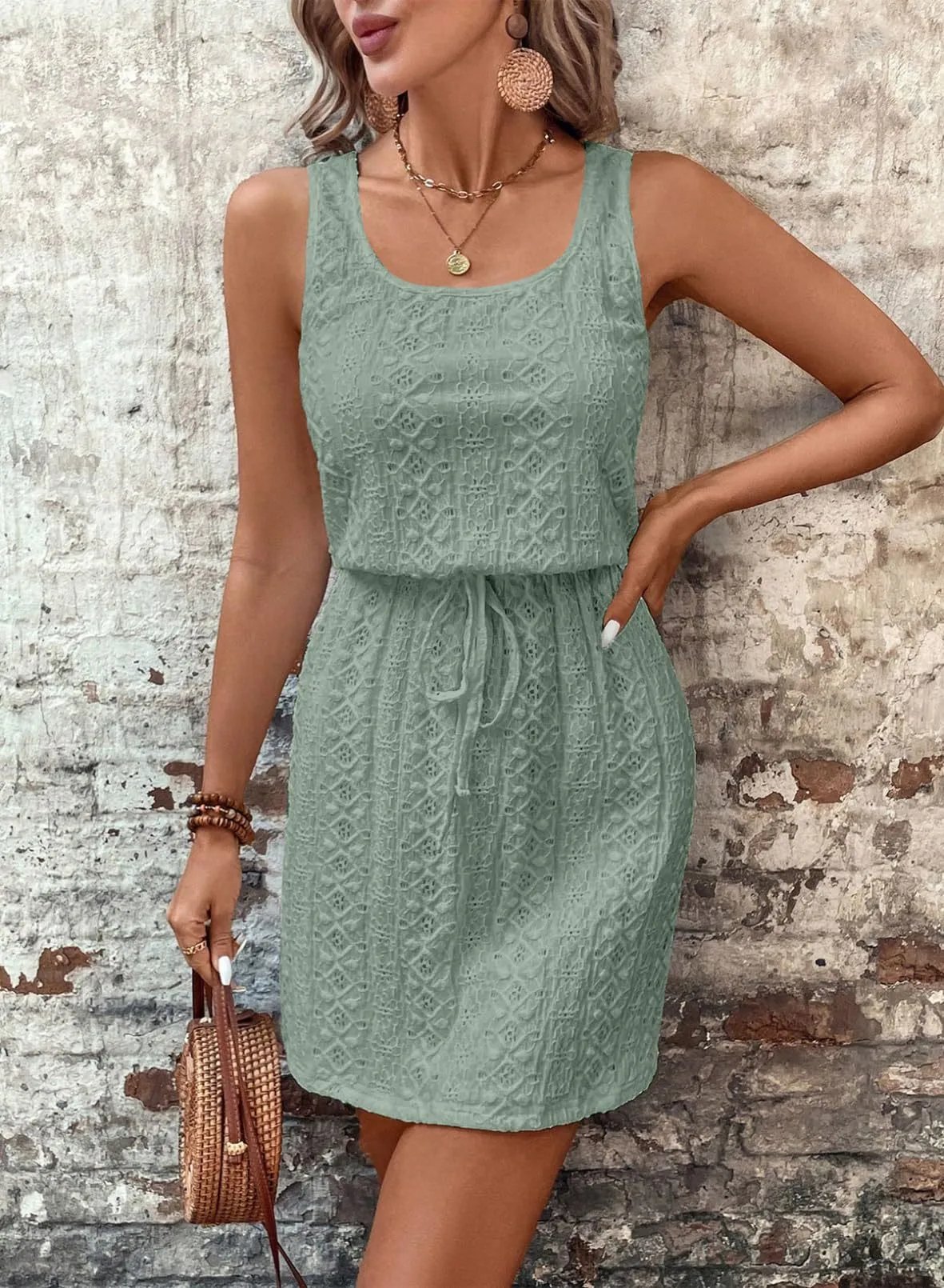 Design Lace Embroidered Sleeveless Mini Dress Beige - 12