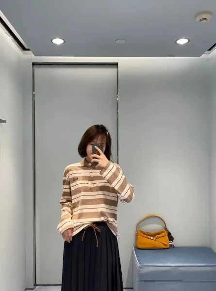 Design Striped Long-Sleeve Polo Shirt Beige and Brown Tops Polo - 11