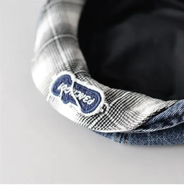 Design Denim Beret with Plaid Lining and Embroidered Logo Hat Hats - 3
