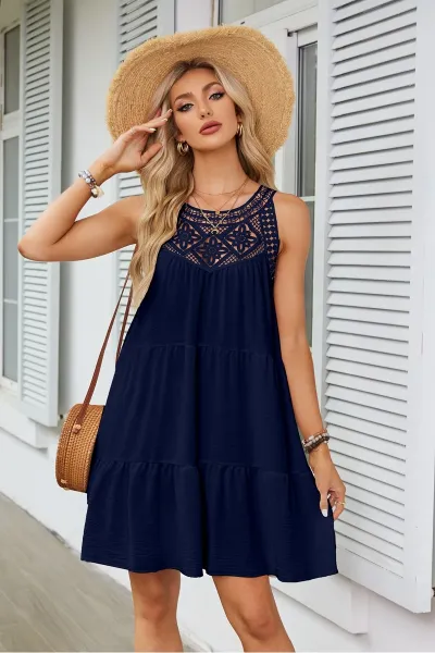 Design Black Lace-Trimmed Tiered Sleeveless Dress - 25