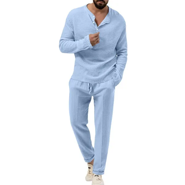 Design Linen-Blend Henley Set Beige Casual Set - 21