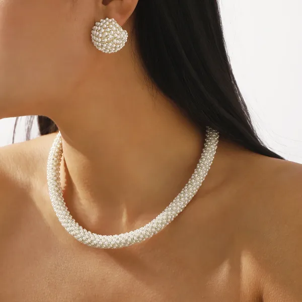 Design Pearl Cluster Necklace and Earrings Set White Jewelry - 5