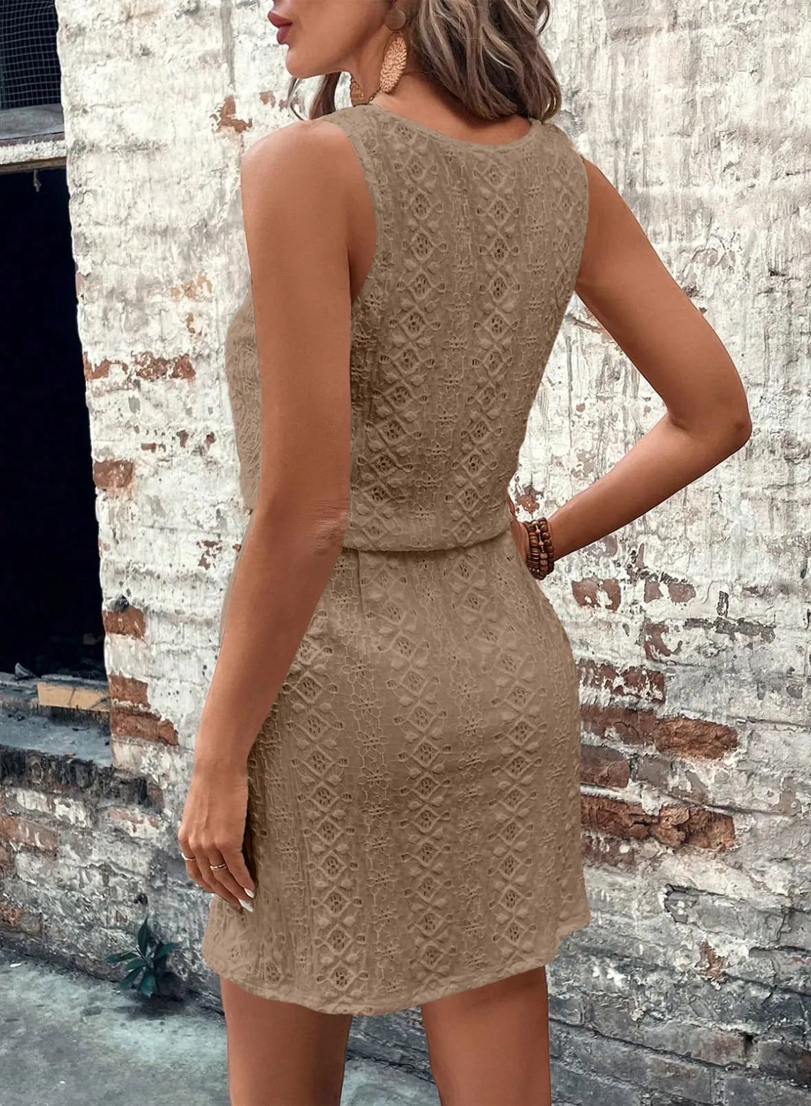 Design Lace Embroidered Sleeveless Mini Dress Beige - 23