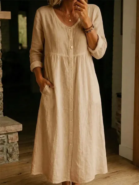 Design Linen Button-Front Midi Dress White - 6
