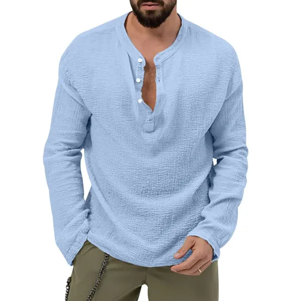 Design Linen-Blend Henley Set Beige Casual Set - 22