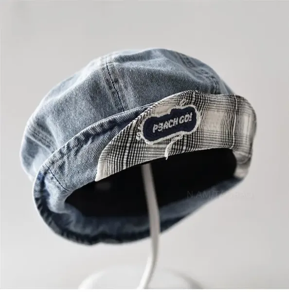 Design Denim Beret with Plaid Lining and Embroidered Logo Hat Hats - 6