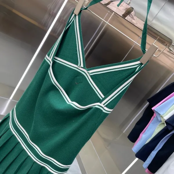 Design Knit Halter Dress with V-Neck and Pleated Hem in Forest Green - 17