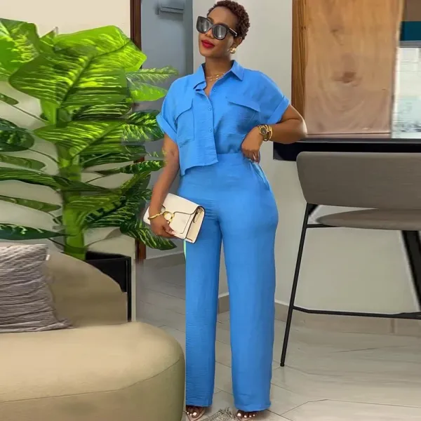 Design Two-Piece Shirt and Pants Set in Vibrant Blue - 8