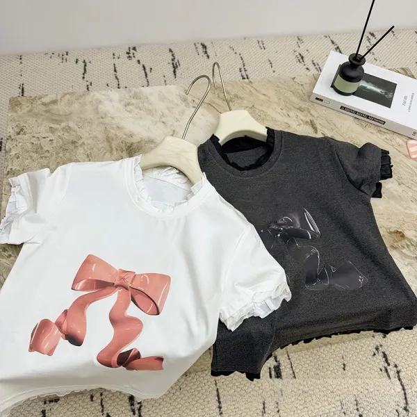 Design Bow Print Ruffle Hem T-Shirt White and Black - 1