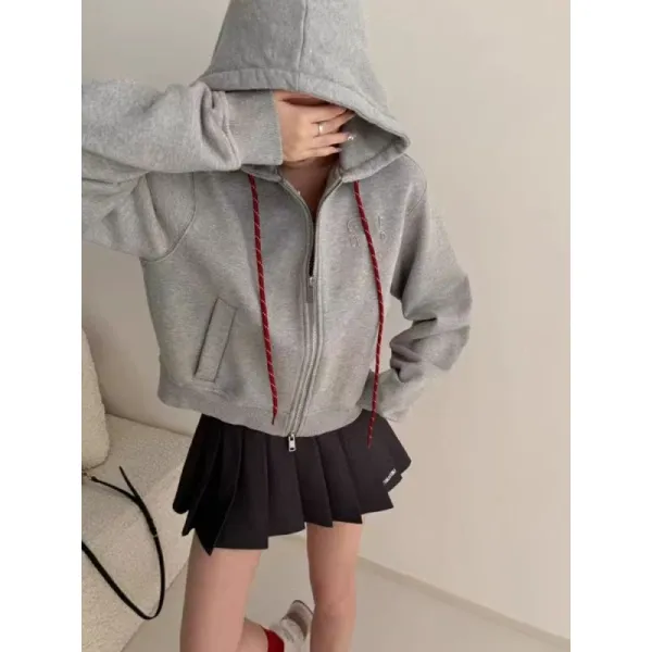 Design Cropped Zip-Up Hoodie with Red Drawstrings Gray - 1