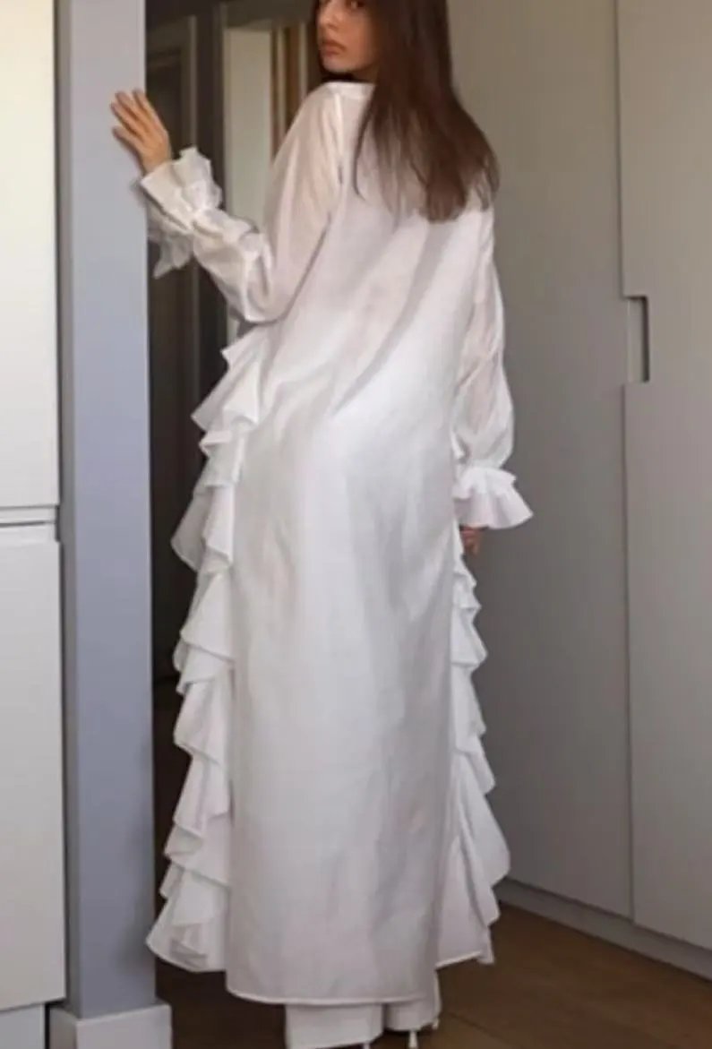 Design Ruffled Asymmetrical Hem Blouse White with Wide-Leg Jeans Tops - 11