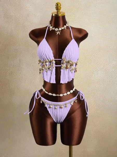 Design Seashell-Embellished Ribbed Pink Halter Bikini Set Swimwear - 12