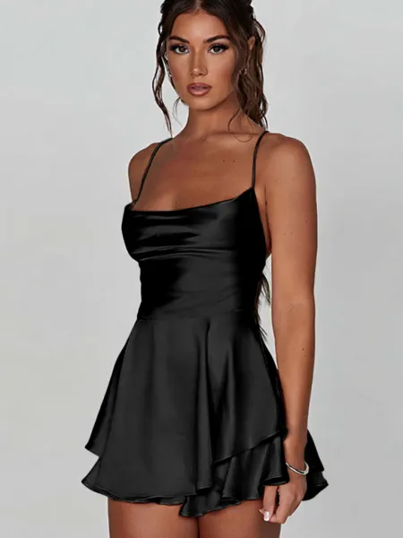 Design Satin Slip Dress Black Women's Mini Dress - 2