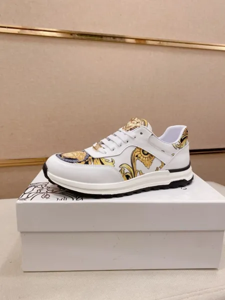 Versace Barocco Print Leather Sneakers White Gold - 4