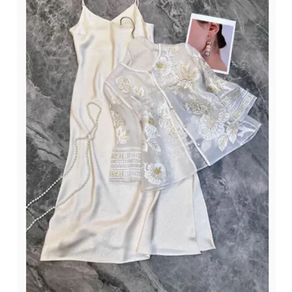Chanel Quilted Chain Bag Black Handbag with Pearl-Embellished Cheongsam-Style Jacket and Gold Satin Slip Dress - 8