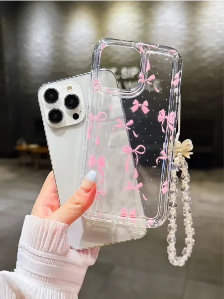 Design Clear Bow-Print Phone Case with Pearl Crystal Strap Pink Transparent Phone Case - 7