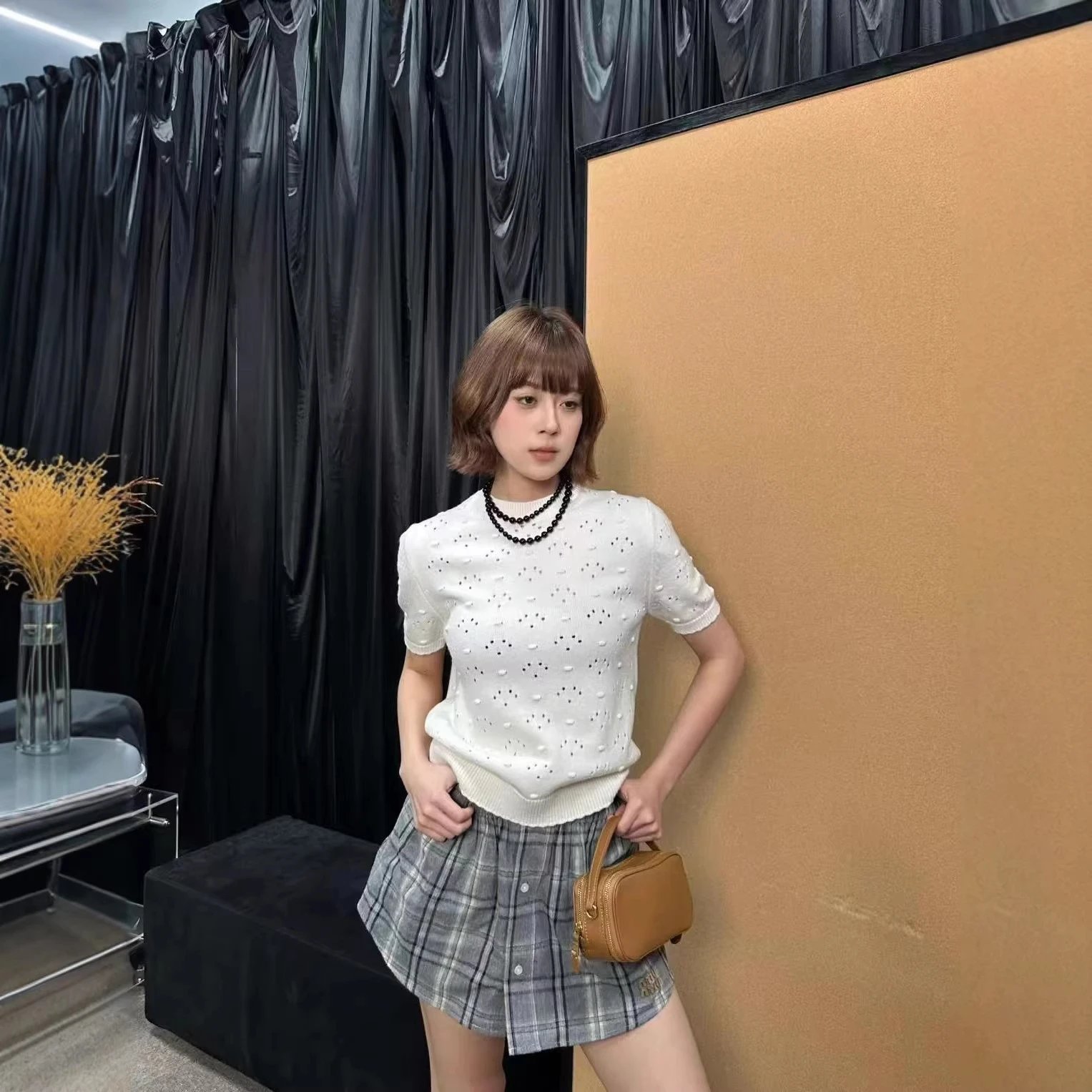 White Knit Short Sleeve Top With Eyelet Detail Casual