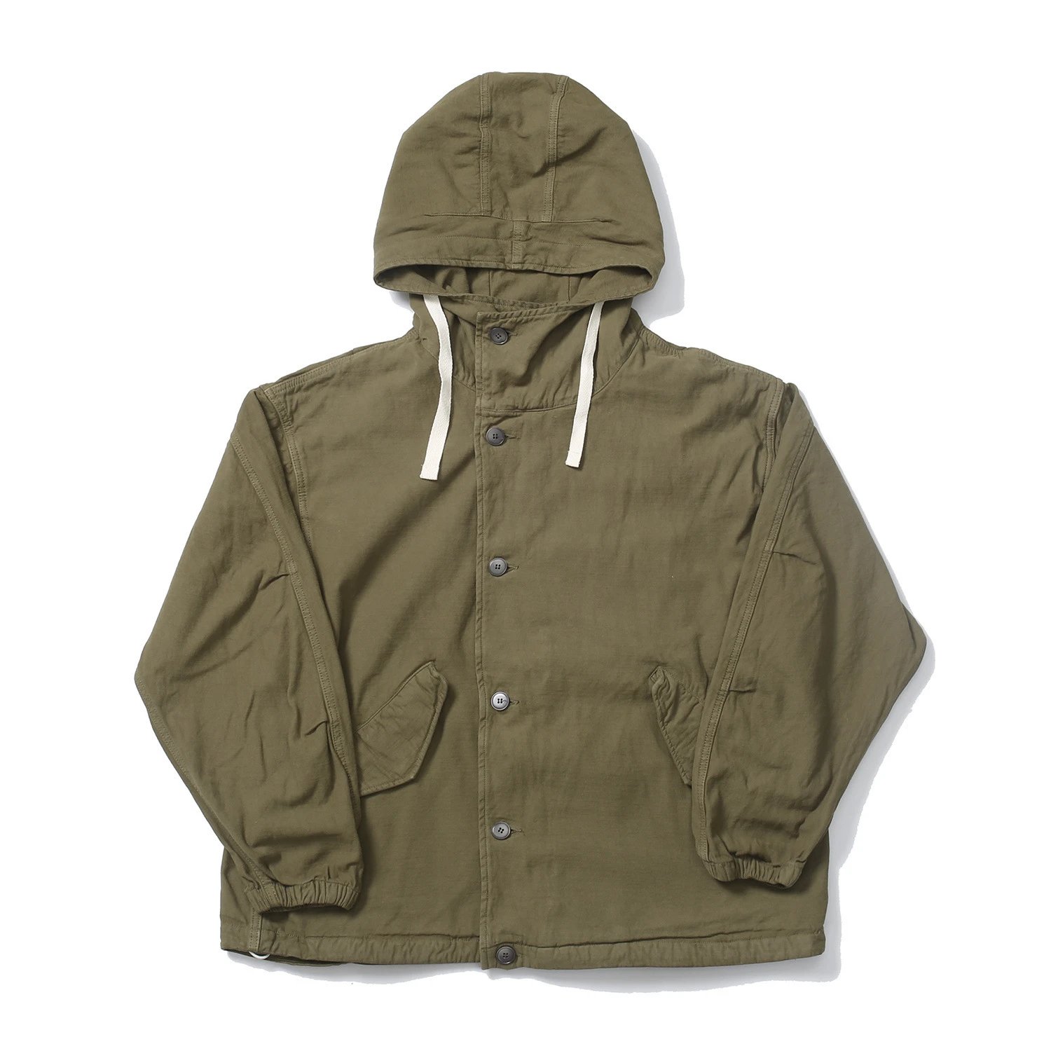 Olive Green Hooded Button-Up Field Jacket