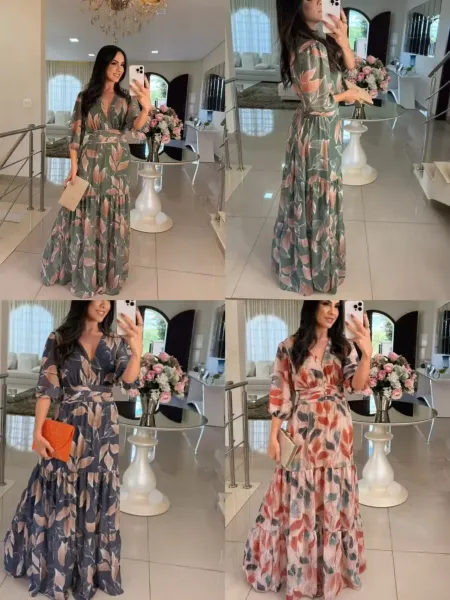 Design Floral Print V-Neck Tiered Maxi Dress in Olive Green and Pink - 5