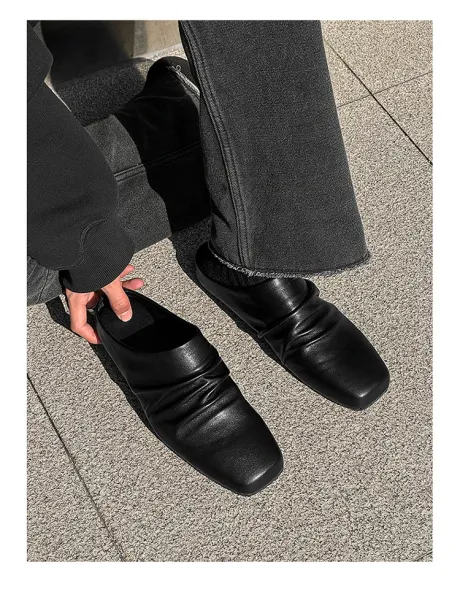 Design Square-Toe Leather Mule Black Shoes Slippers - 14