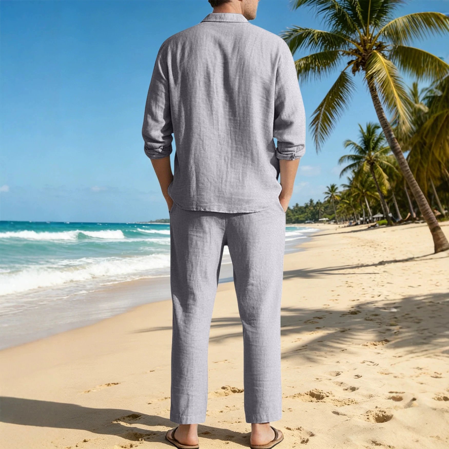 Linen Shirt And Pants Set Beige Casual Two Piece Outfit