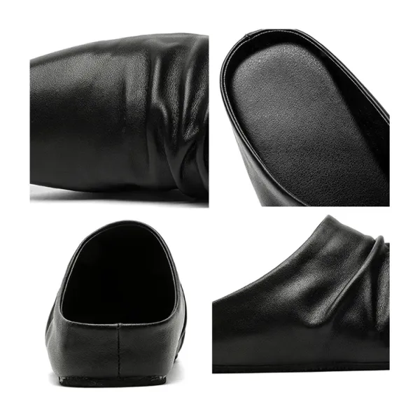 Design Square-Toe Leather Mule Black Shoes Slippers - 16