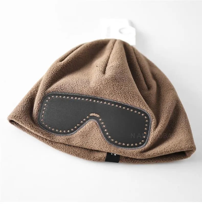Design Fleece Beanie with Leather Eye Patch Detail Brown - 4