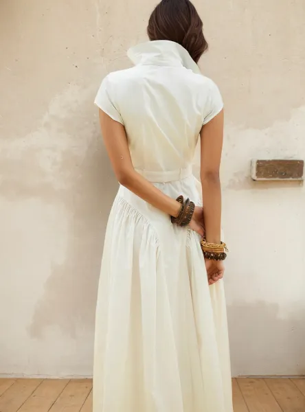 Bottega Veneta Shirt Dress in Off-White with Gold Buttons and Woven Clutch - 9