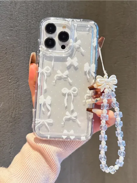 Design Clear Bow-Print Phone Case with Pearl Crystal Strap Pink Transparent Phone Case - 9