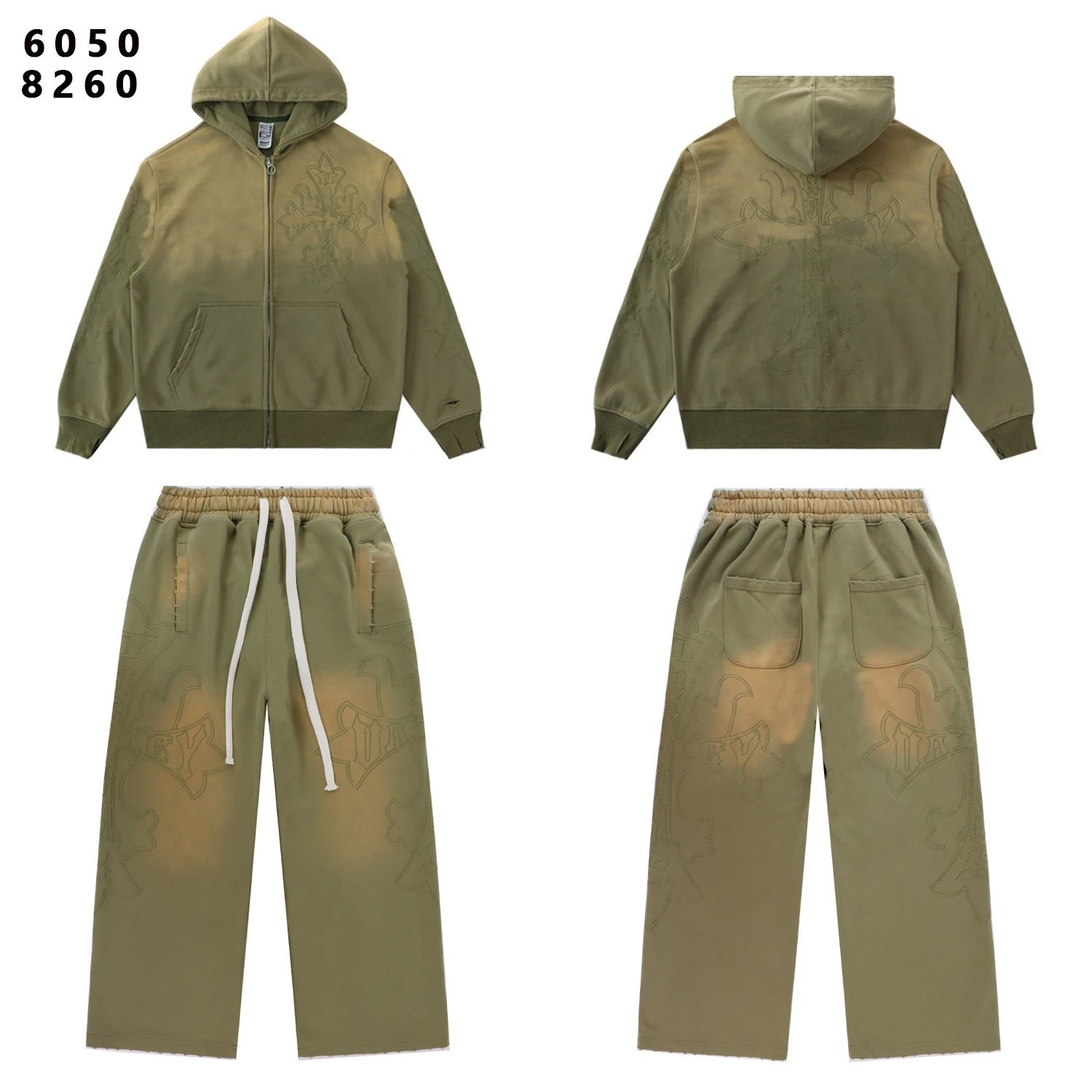 Cross Embroidered Hooded Zip-Up Sweatshirt And Jogger Pants Set
