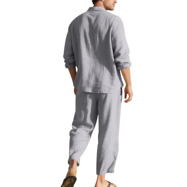 Design Linen Shirt and Drawstring Pants Set White Casual Set - 28