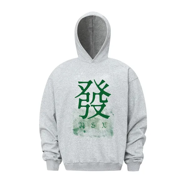 Design Hoodie with Green Kanji Print Black Washed - 11